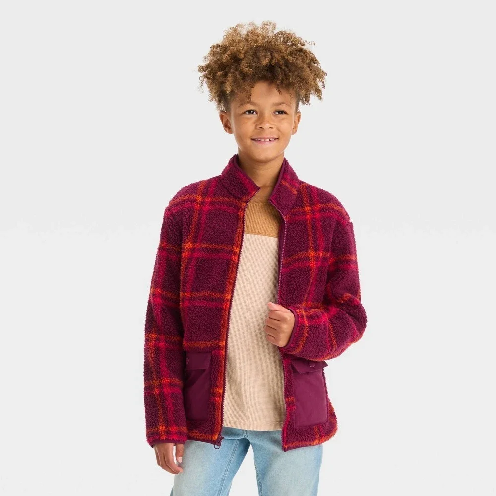 Boys' Faux Shearling Zip Up Sweatshirt - Cat & Jack Red Plaid Size Small 6/7